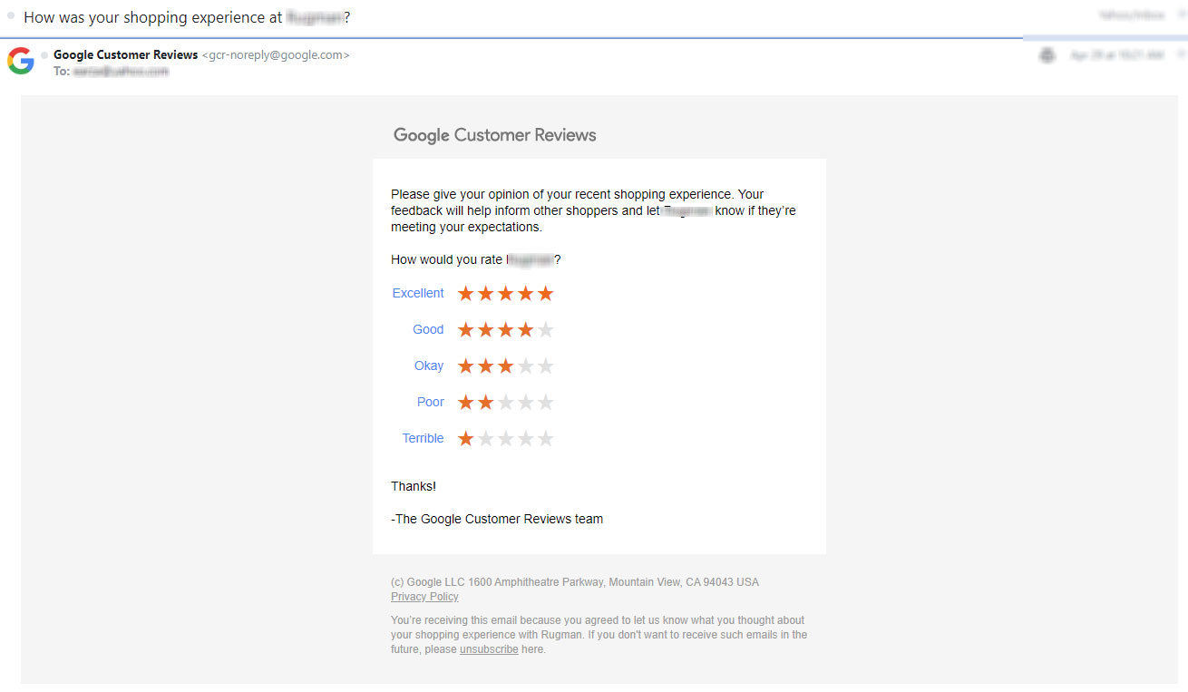 Google Customer review survey email sample