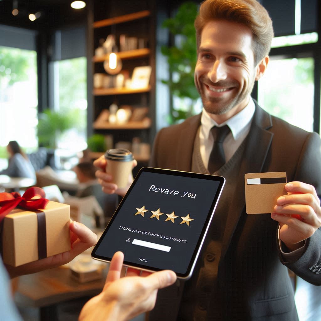 a business owner passing a gift card to a customer while holding a tablet with a 5 star review on the screen